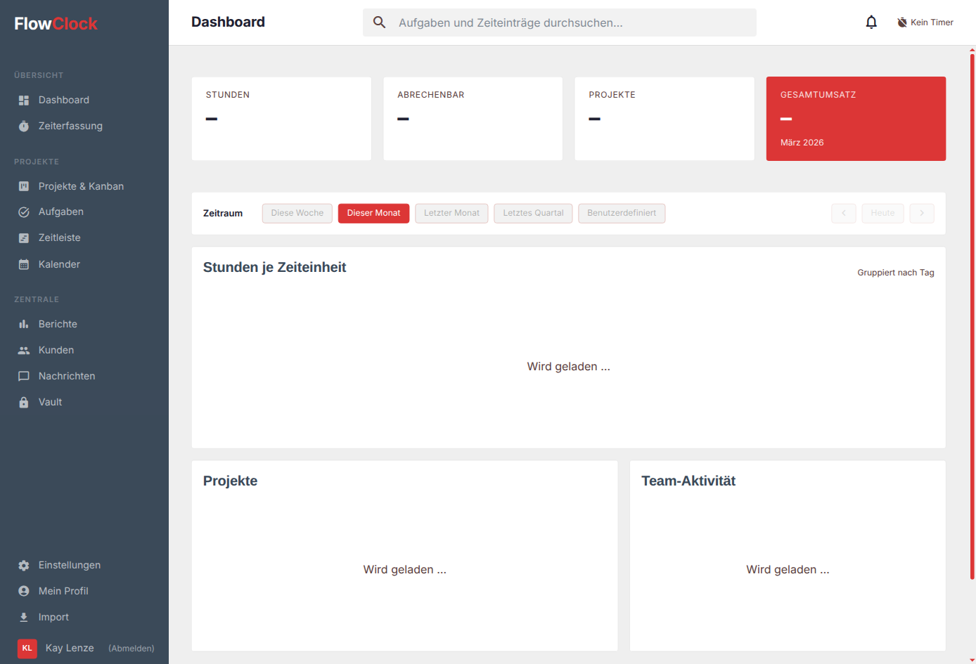 FlowClock Dashboard mit Stunden Umsatz und Team-Aktivität