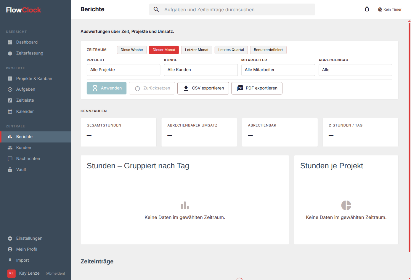 FlowClock Berichte mit Filtern und Exporten