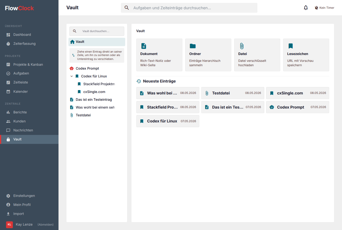 FlowClock Vault mit Wissen Dateien und Links